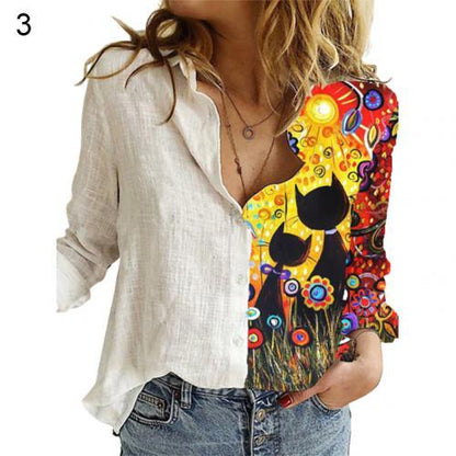 Women Long Sleeve printing Shirts Sexy Shirt Fashion Women Buttons Long Sleeve Sunflower Cats Patchwork Blouses Office Shirt