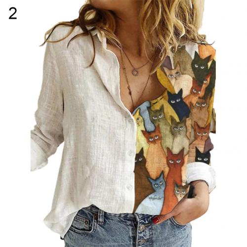 Women Long Sleeve printing Shirts Sexy Shirt Fashion Women Buttons Long Sleeve Sunflower Cats Patchwork Blouses Office Shirt