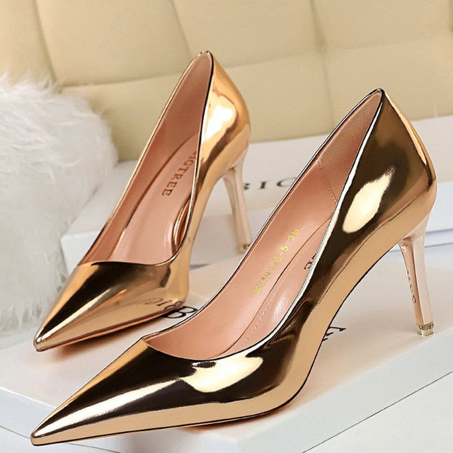 xakxx Woman Pumps Patent Leather High Heels Shoes Women Basic Pump Wedding Shoes Female Stiletto Women Heel Plus Size 43