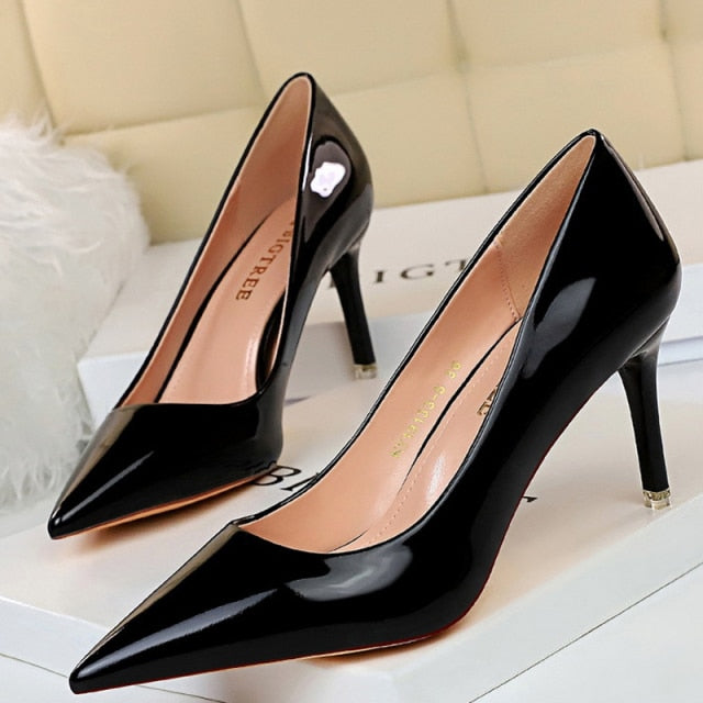 xakxx Woman Pumps Patent Leather High Heels Shoes Women Basic Pump Wedding Shoes Female Stiletto Women Heel Plus Size 43