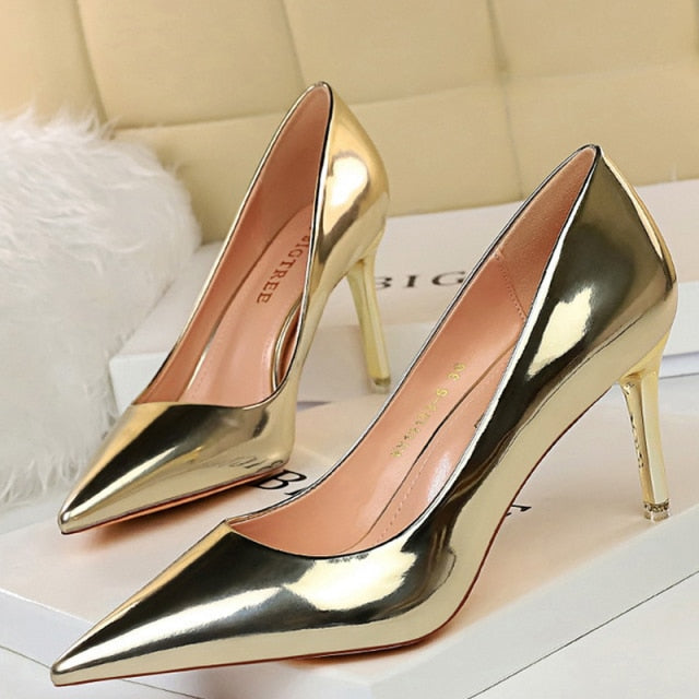 xakxx Woman Pumps Patent Leather High Heels Shoes Women Basic Pump Wedding Shoes Female Stiletto Women Heel Plus Size 43