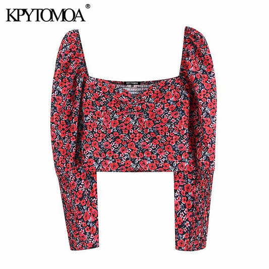 Women Fashion Floral Print Cropped Blouses Women Vintage V Neck Long Sleeve Back Elastic Female Shirts Chic Tops