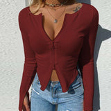 hirigin Zipper Women Shirts Autumn Long Sleeve Solid Rib Knit Tops Pullover Elegant Slim Fit Bodycon Office Blouse