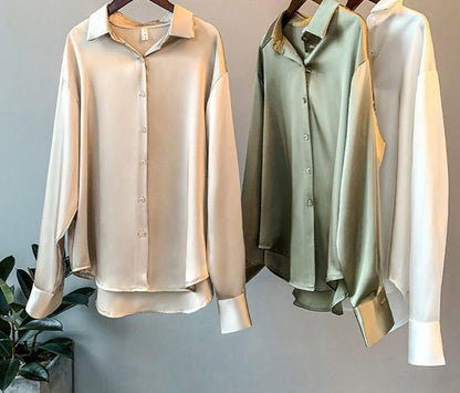 xakxx High Quality Elegant Imitation Silk Blouse Spring Women Fashion Long Sleeves Satin Blouse Vintage Femme Stand Street Shirts