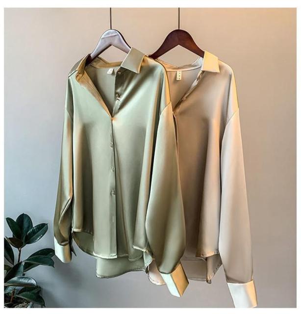 xakxx High Quality Elegant Imitation Silk Blouse Spring Women Fashion Long Sleeves Satin Blouse Vintage Femme Stand Street Shirts