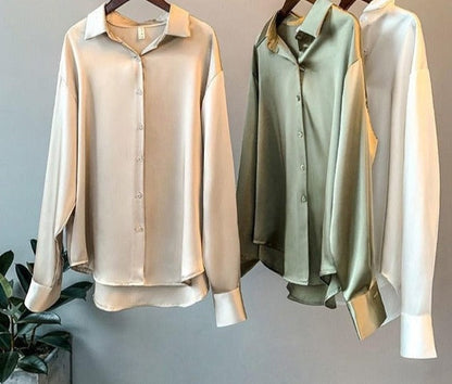 xakxx High Quality Elegant Imitation Silk Blouse Spring Women Fashion Long Sleeves Satin Blouse Vintage Femme Stand Street Shirts