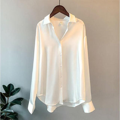 xakxx High Quality Elegant Imitation Silk Blouse Spring Women Fashion Long Sleeves Satin Blouse Vintage Femme Stand Street Shirts