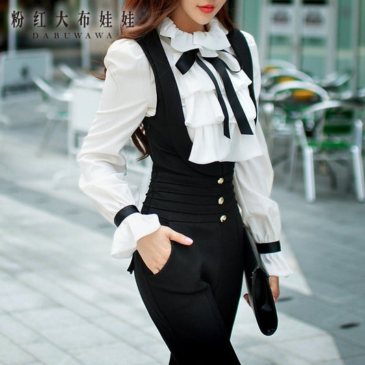 Dabuwawa Autumn Winter White Blouse Women New Ruffles Bow Tie Shirts Long Puff Sleeve office lady Elegant Blouse Top