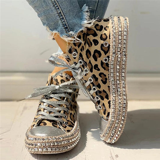 xakxx Women Sneakers Leopard Rivets Shoes Women Canvas Shoes Leisure Lace-Up Low High Top Sneakers Basket Femme Big Size Women Shoes