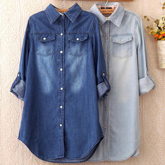 xakxx  Autumn Female Denim Long Shirts Feminina Women Casual Cotton Jean Blouse Women&#39;S Tops Turn-Down Pockets S-3XL