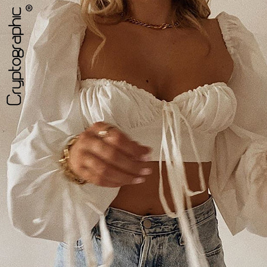 Cryptographic White Balloon Sleeve Elegant Women Top and Blouse Shirts Autumn  Sexy Backless Crop Tops Solid Fashion Blusas