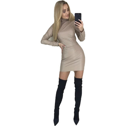 Women PU Sheath Turtleneck Casual Mini Dress Long Sleeve Simple And Versatile Vintage Dress  Spring New Women Elegant Dress