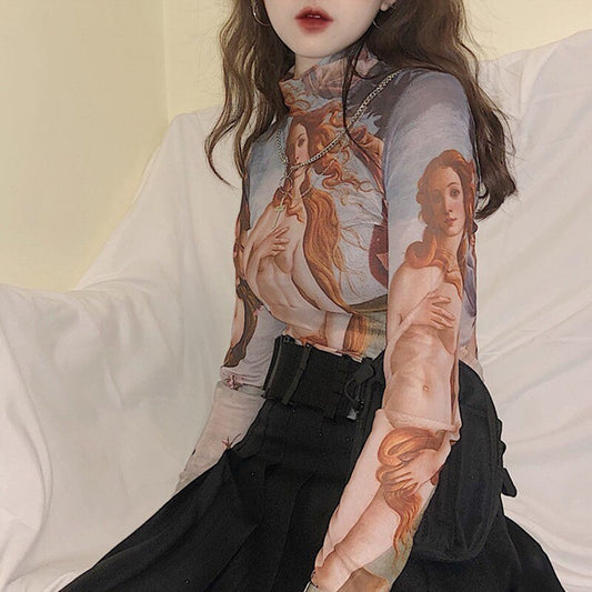 Oil Painting Venus Mesh Tops Long Sleeve Mock Neck T-Shirts Women Aesthetic e-Girls Harajuku Outfits