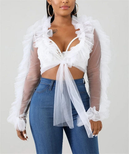 CHRONSTYLE Summer Shirts Mesh Sheer See Through Ruffles Long Sleeve Crop Tops Deep V-neck Lace-up Blouses Party Outwear 3 Colors