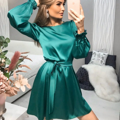 Women Casual O-Neck Satin Mini Dress solid Lantern Sleeve Sashes A Line Party Dress  New Fishtion Spring Women Elegant Dress