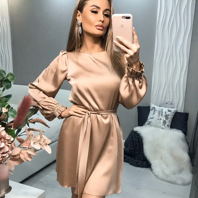 Women Casual O-Neck Satin Mini Dress solid Lantern Sleeve Sashes A Line Party Dress  New Fishtion Spring Women Elegant Dress