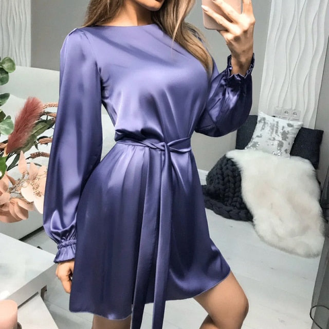 Women Casual O-Neck Satin Mini Dress solid Lantern Sleeve Sashes A Line Party Dress  New Fishtion Spring Women Elegant Dress