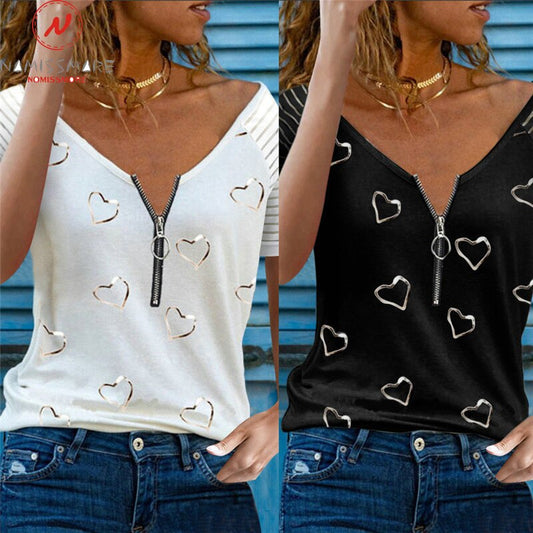 Fashion Women Summer Heart Print T-Shirts for Streetwear Zipper Decor V-Neck Short Sleeve Casual Loose Pullovers Top