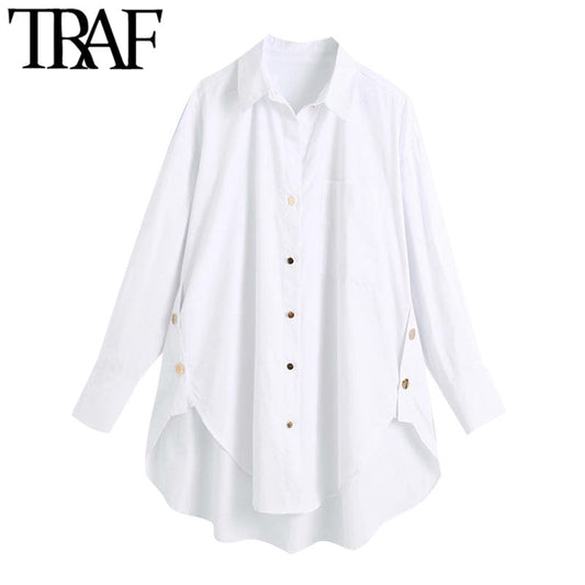 TRAF Women Fashion With Side Buttons Loose Asymmetrical Blouses Vintage Long Sleeve Pockets Female Shirts Chic Tops