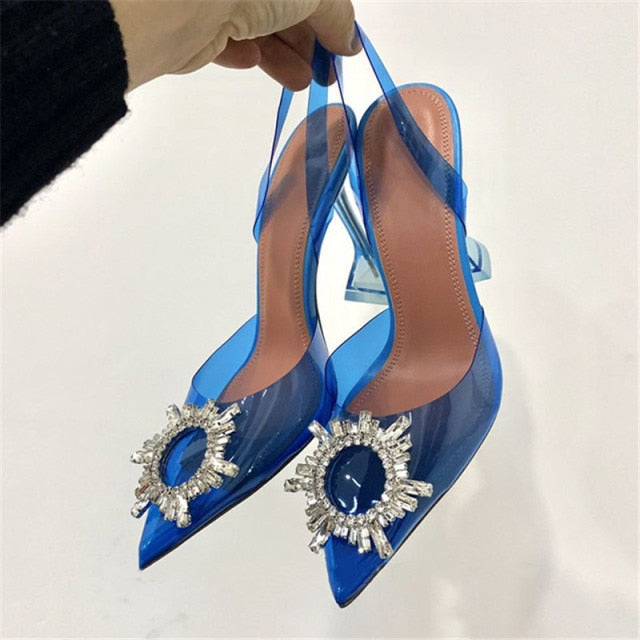 Big size 44 45 Women Pumps Elegant Pointed toe Rhinestones High heels Wedding Shoes Crystal Clear heeled Slingback Pumps Sandals