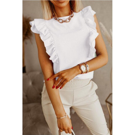 xakxx Fashion Women Summer Solid Color T-Shirts Hollow Out Design Bow Ruffles Decor O-Neck Butterfly Sleeve Casual Loose Pullovers Top