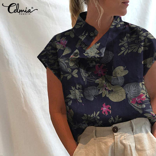 Vintage Floral Print Blouses  Summer Women Blouse Cotton Turtleneck Casual Buttons Fashion Tops Short Sleeve Shirts