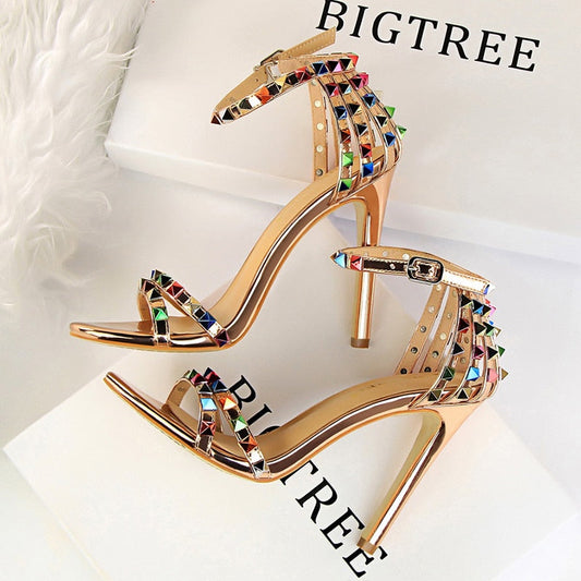 xakxx Color Rivets Women Sandals Roman Style Heeled Sandals Hollow Out High Heels Stiletto Sexy Party Shoes Sandals