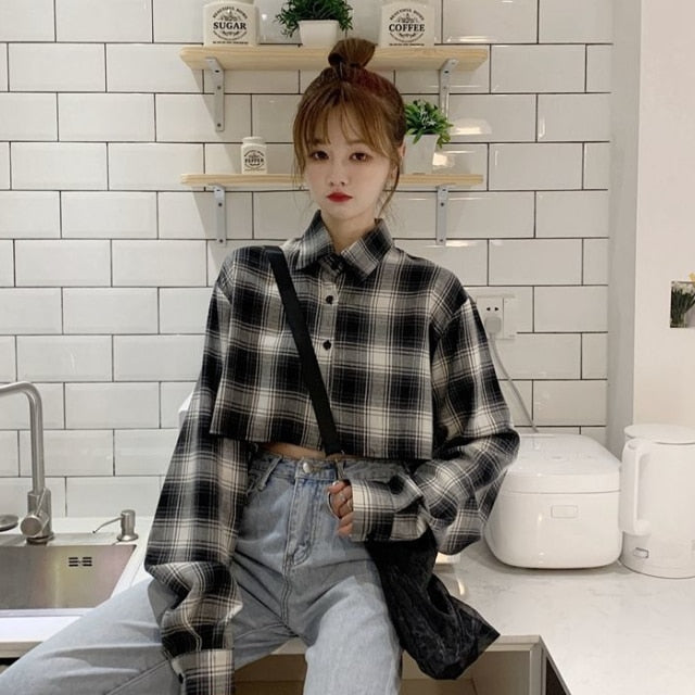 Plaid Shirts Women Single Breasted Spring Autumn Korean Style Chic Popular Trendy Streetwear All-match Ulzang Female Crop Top