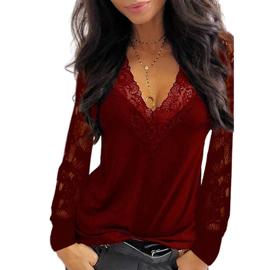 Female Tops Pullover Sexy Women Deep V Neck Lace Trim See Through Long Sleeve Blouse Top Blouse Solid Vintage Blouse Shirts