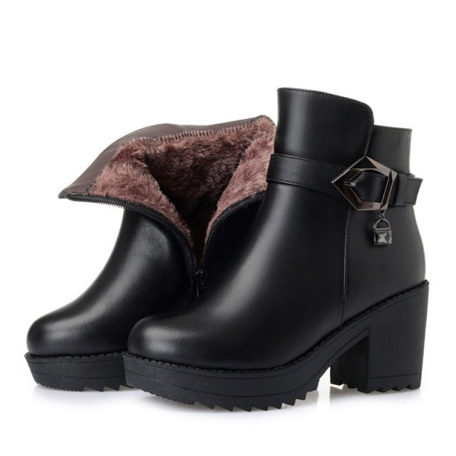 Ladies Ankle Boots  New Genuine Leather Women Winter Boots Trend Warm Wool Womens Dress Boots High Heel Snow Boots