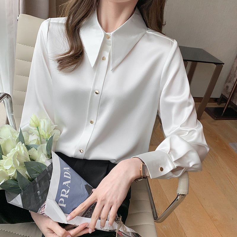 Korean Silk Women Shirts Satin Blouses Women Long Sleeve Shirts Tops Woman Silk Shirt Tops Woman Peter Pan Collar Satin Blouses