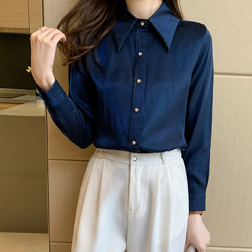 Korean Silk Women Shirts Satin Blouses Women Long Sleeve Shirts Tops Woman Silk Shirt Tops Woman Peter Pan Collar Satin Blouses