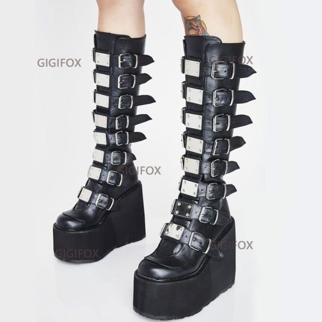 xakxx Christmas Gift Brand Design Big Size 43 Black Gothic Style Cool Punk Motorcycles Boots Female Platform Wedges High Heels Calf Boots Women Shoes