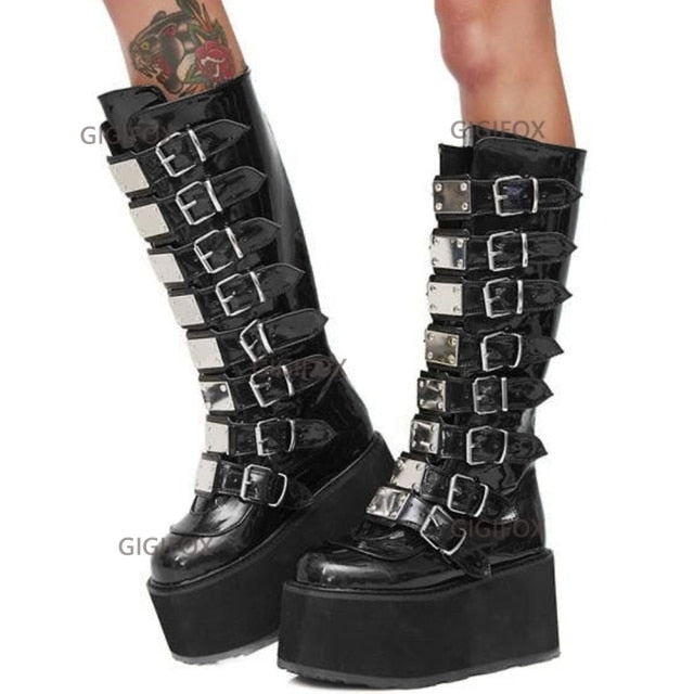 xakxx Christmas Gift Brand Design Big Size 43 Black Gothic Style Cool Punk Motorcycles Boots Female Platform Wedges High Heels Calf Boots Women Shoes