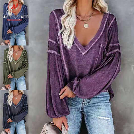 Fashion Women Casual Loose T-Shirts Patchwork Design Pocket Decor V-Neck Long Sleeve Solid Color Spring Autumn Pullovers Top