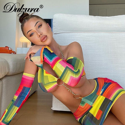 Tie Dye Printed Chain Halter Hollow Out Mini Dress With Gloves Lace Up Bodycon Sexy Streetwear Party Women  Autumn