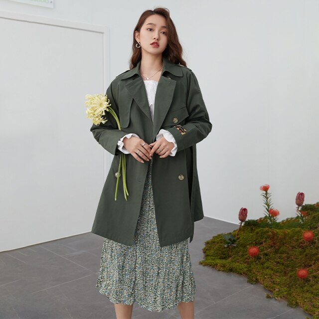 Double Breasted Khaki Trench Coat Women Belt Elegant Green Long Spring Coat Female Oversized Windbreaker Jacket