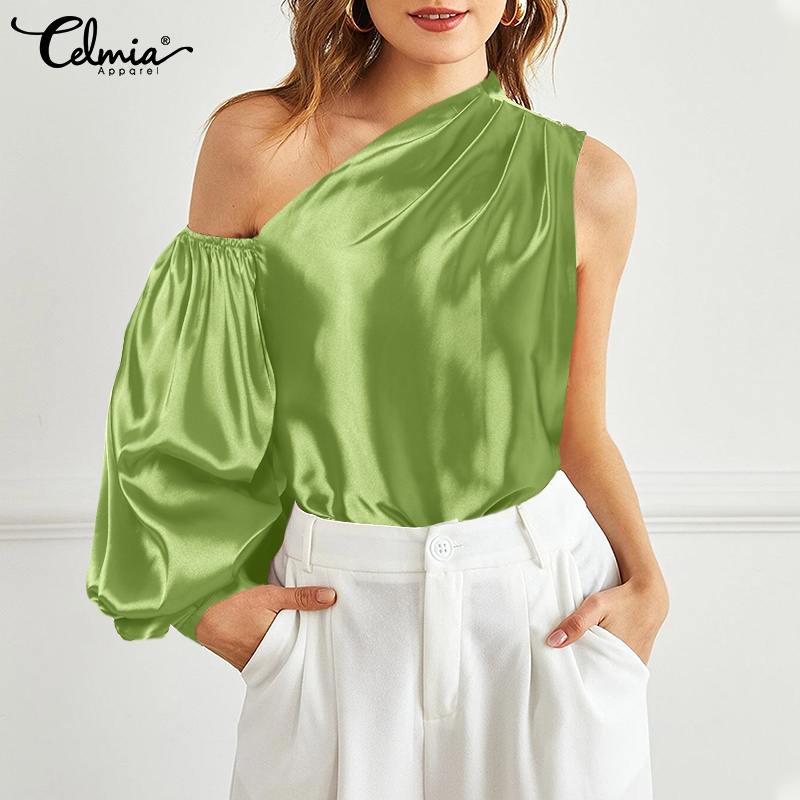 Women Satin Blouse Celmia  Sexy One Shoulder Tops Fashion Lantern Sleeve Summer Asymmetrical Casual Party Shirts