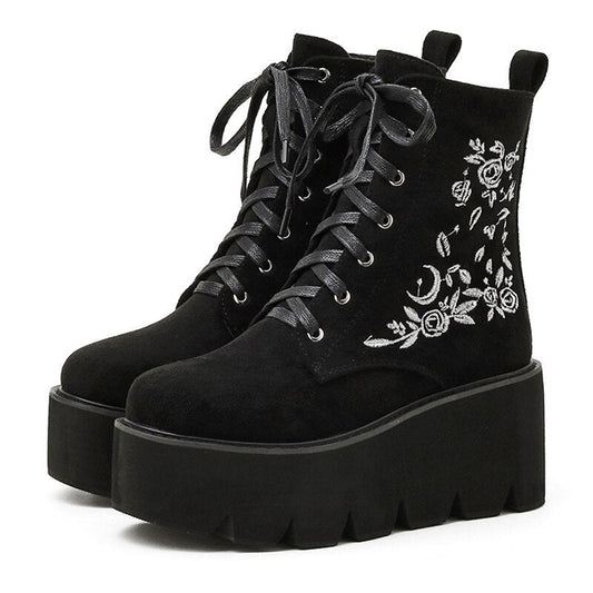 xakxx Retro Gothic Style Embroidered Flower Boots Women Platform Wedge Black Suede Heel Thick Bottom Ankle Boots With Zipper