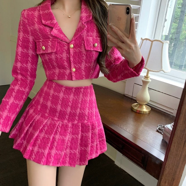 xakxx Fall Small Fragrance Vintage Tweed Two Piece Set Women Crop Top Woolen Short Jacket Coat + Mini Skirts Sets Sweet 2 Piece Suits