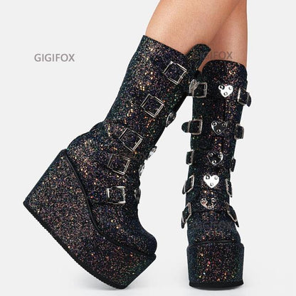 xakxx Christmas Gift Brand Design Big Size 43 Black Gothic Style Cool Punk Motorcycles Boots Female Platform Wedges High Heels Calf Boots Women Shoes