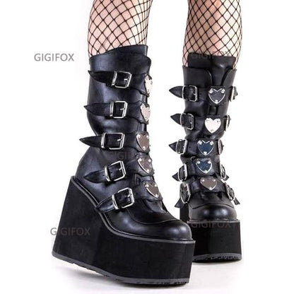 xakxx Christmas Gift Brand Design Big Size 43 Black Gothic Style Cool Punk Motorcycles Boots Female Platform Wedges High Heels Calf Boots Women Shoes