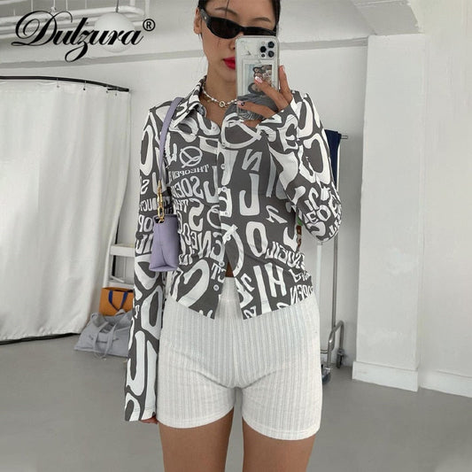 xakxx  Autumn Winter Women Letter Print Long Sleeve Blouse Vintage Shirts Fashion Streetwear Casual Clothes Tops Y2K