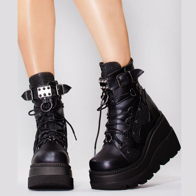 xakxx Gothic Punk Street Women Ankle Boots Platform Wedges High Heels Short Boots New Fashion Design Rivet Cosplay Shoes