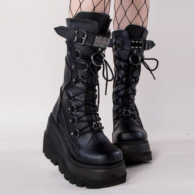 xakxx Gothic Punk Street Women Ankle Boots Platform Wedges High Heels Short Boots New Fashion Design Rivet Cosplay Shoes