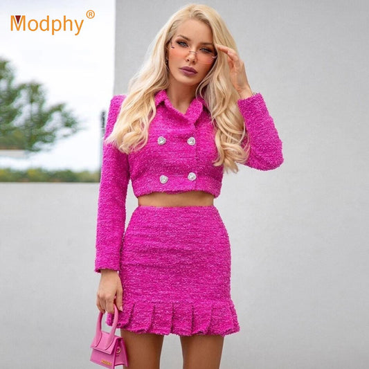 Sexy Women Two-Piece Set Long Sleeve Short Jacket &amp; High Waist Pleated Skirt Ladies Sets Fashion Party Female Clothing  New