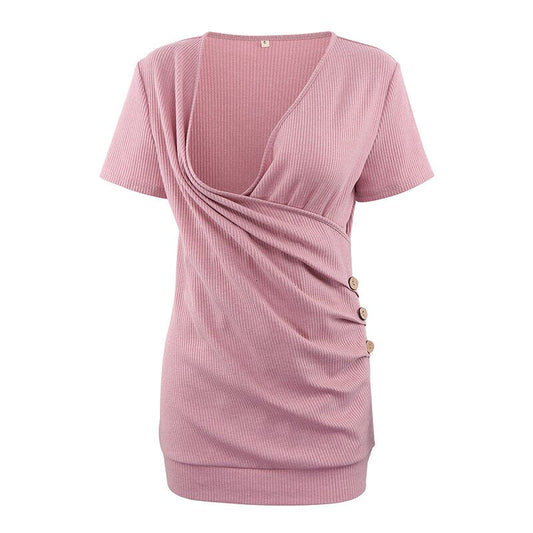 Women's Maternity Nursing Tops Short Sleeve Button Waffle Cross Wrap Tunic Tops Pregnantcy V Neck Breastfeeding T-Shirts