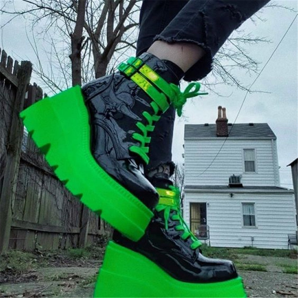 Christmas Gift Brand New Big Sizes 43 Gothic Green Platform High Heels Cosplay Fashion Winter Wedges Boots Halloween Shoes Ankle Booties Women