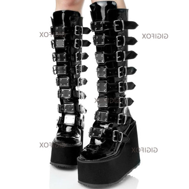 xakxx Christmas Gift Brand Design Big Size 43 Black Gothic Style Cool Punk Motorcycles Boots Female Platform Wedges High Heels Calf Boots Women Shoes