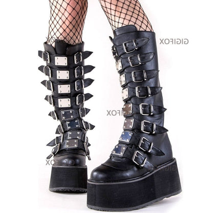 xakxx Christmas Gift Brand Design Big Size 43 Black Gothic Style Cool Punk Motorcycles Boots Female Platform Wedges High Heels Calf Boots Women Shoes